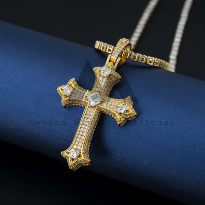 925 Sterling Silver Cross Pendant with VVS Moissanite Iced Out Hip Hop Style, Fits 4MM Tennis Chain0