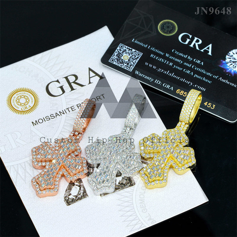 Iced Out Rapper Jewelry Baguette Design Moissanite Cross Pendant Fit for 5MM Tennis Chain