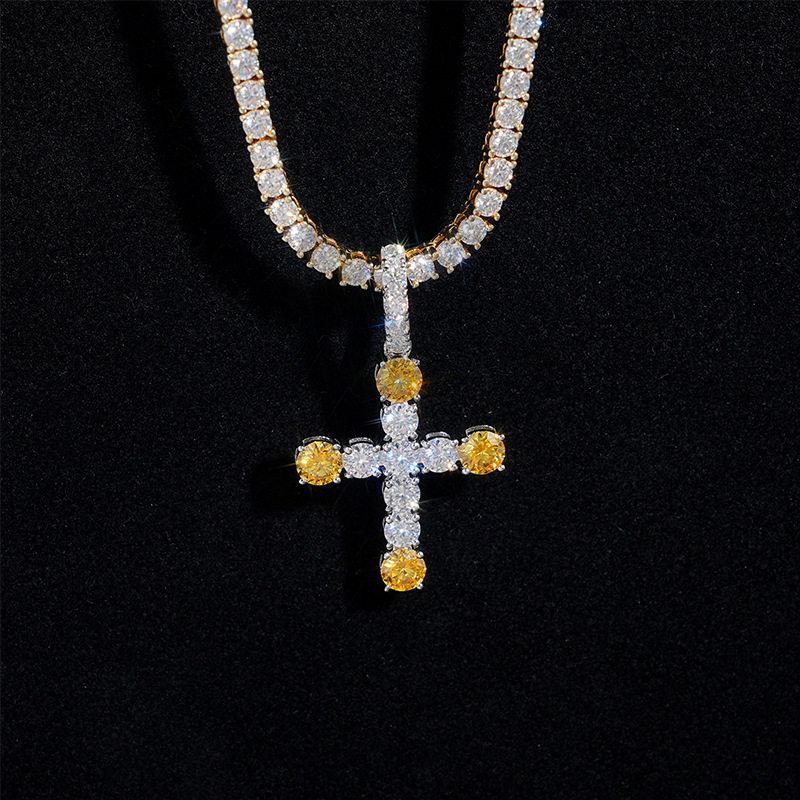 Solid Silver 1.6 Inch Tall VVS Moissanite Yellow Mix White Cross Pendant Fit For 4MM Tennis Chain