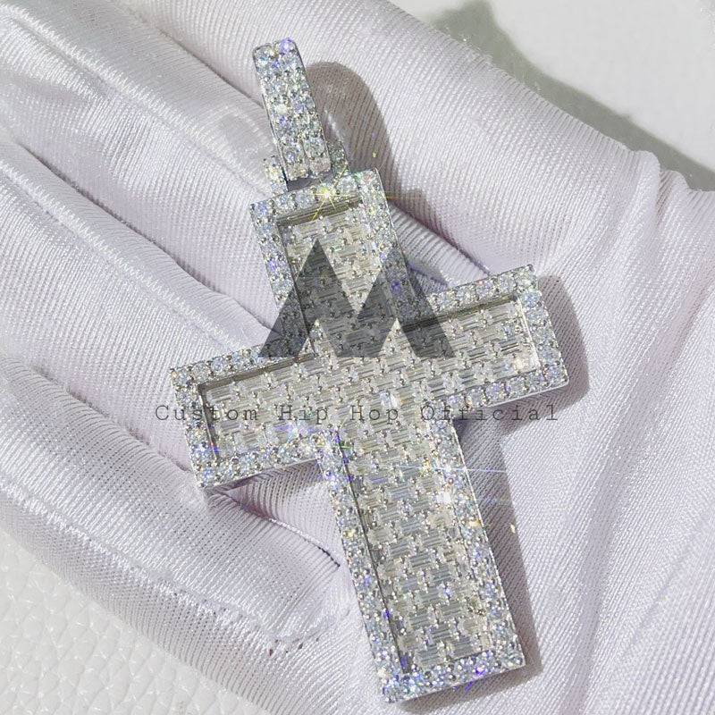 Hip hop jewelry featuring VVS Moissanite Baguette and Mix Round 2.5 inch Solid Silver Cross pendant suitable for 4MM Tennis Chain1