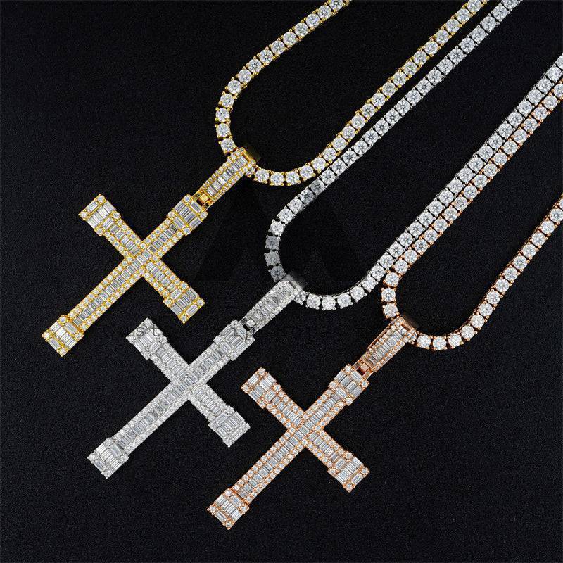 Hip Hop Iced Out Moissanite Cross Pendant VVS Baguette Moissanite Diamond Fit For 3MM Tennis Chain