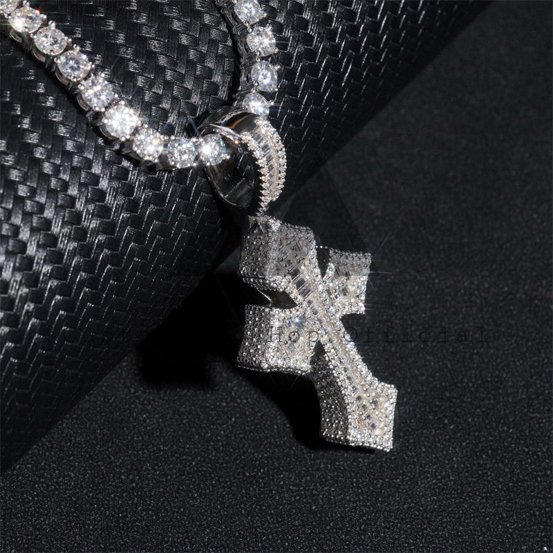 White Gold Sterling Silver 925 Iced Out Rapper Jewelry Baguette Cut Moissanite Cross Pendant Fit For 4MM Tennis Chain