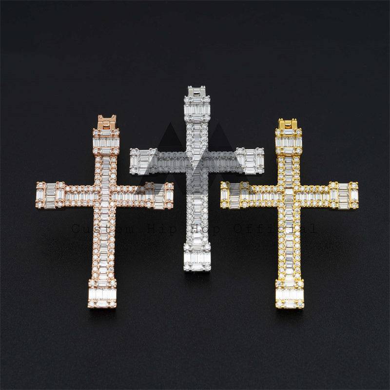 Hip Hop Iced Out Moissanite Cross Pendant VVS Baguette Moissanite Diamond Fit For 3MM Tennis Chain