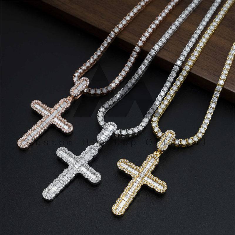 Iced Out Men Classic Design VVS Moissanite Baguette Cross Pendant Hip Hop Jewelry0