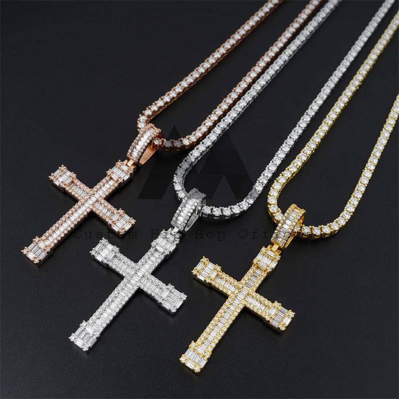 Hip Hop Iced Out Moissanite Cross Pendant VVS Baguette Moissanite Diamond Fit For 3MM Tennis Chain