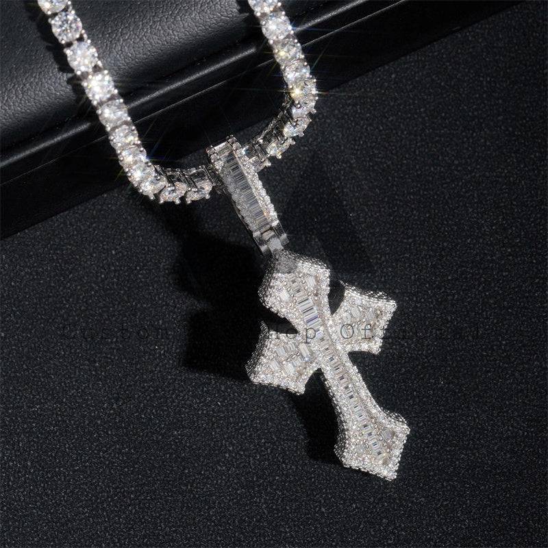 White Gold Sterling Silver 925 Iced Out Rapper Jewelry Baguette Cut Moissanite Cross Pendant Fit For 4MM Tennis Chain