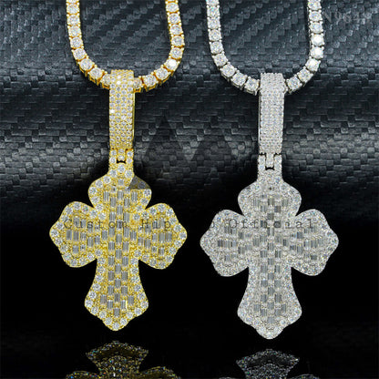 Iced Out Rapper Jewelry Baguette Design Moissanite Cross Pendant Fit for 5MM Tennis Chain