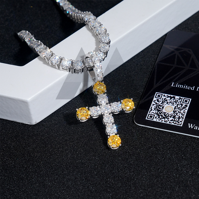 Solid Silver 1.6 Inch Tall VVS Moissanite Yellow Mix White Cross Pendant Fit For 4MM Tennis Chain