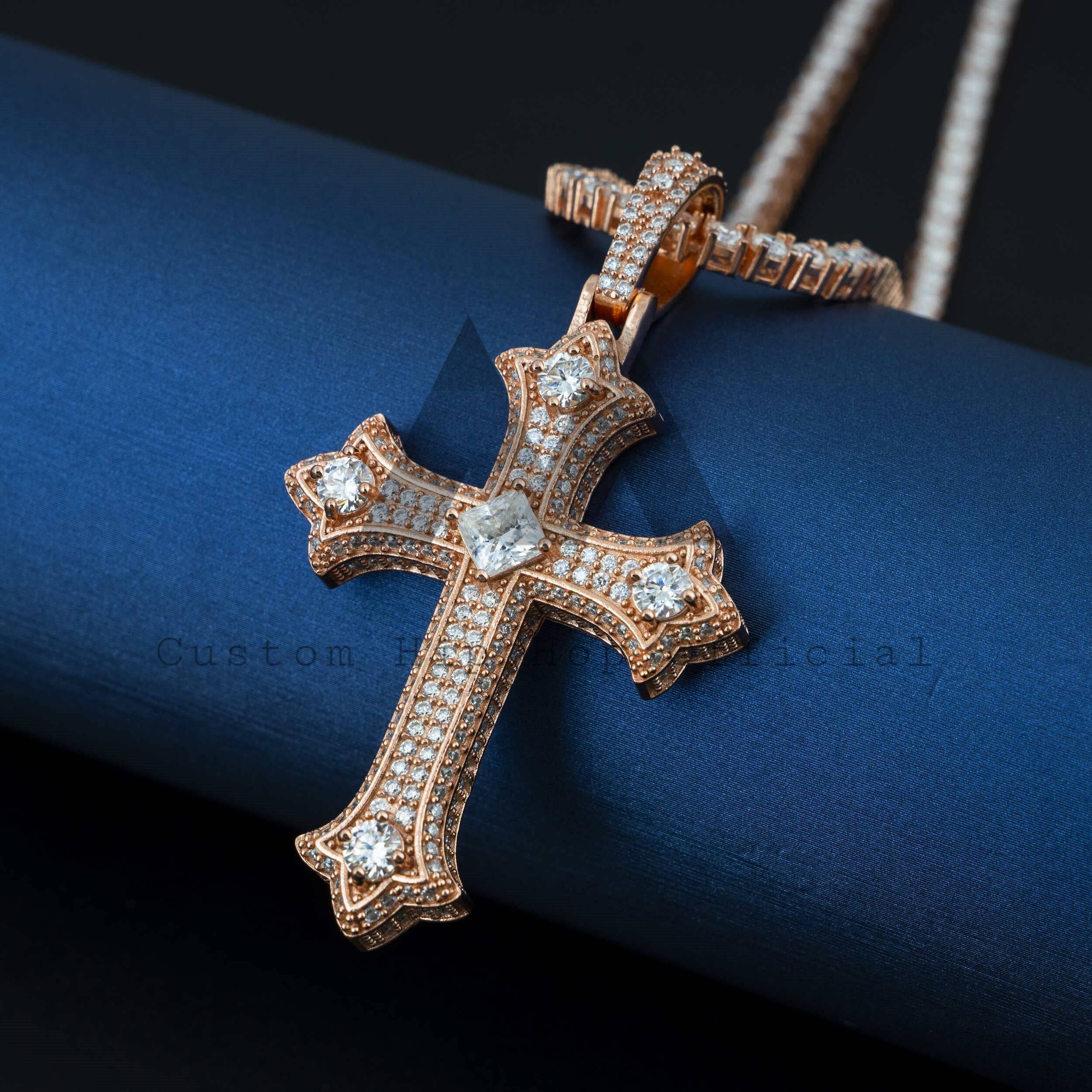 VVS Moissanite Iced Out Cross Pendant 925 Sterling Silver Hip Hop Jewelry3