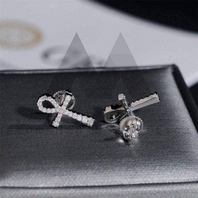 925 Sterling Silver Iced Out Moissanite Ankh Cross Stud Earrings Moissanite Screw Back