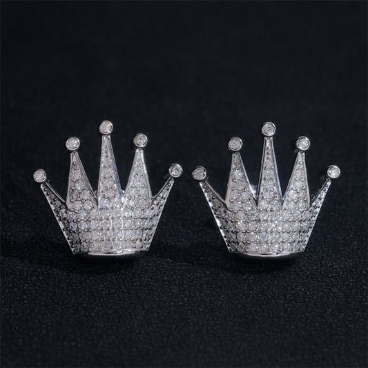 925 Sterling Silver Crown Moissanite Stud Earrings, Screw Back, Hip Hop Style
