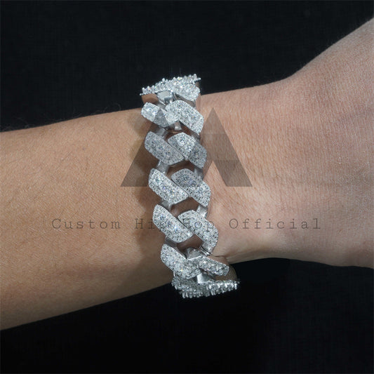 Three Stone Design Hip Hop 18MM Thick Solid Silver Moissanite Cuban Bracelet For Men