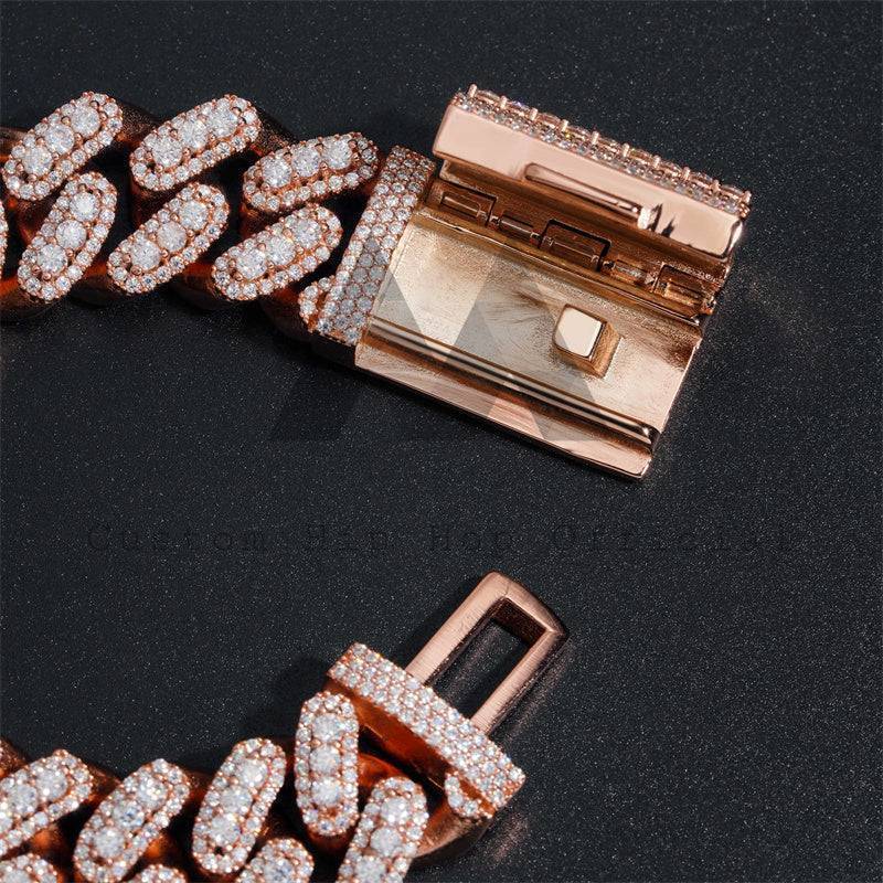 Three Stone Design 18MM Iced Out Moissanite Diamond Cuban Link Bracelet Rose Gold Plating Over 925 Silver