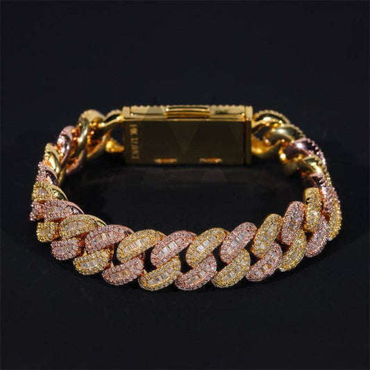 Hip Hop Iced Out 925 Sterling Silver Rose gold Mix Yellow Gold 13MM Width Baguette Cut Moissanite Cuban Bracelet For Men