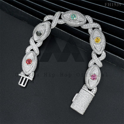 Iced Out 925 Sterling Silver 15MM Width Evil Eye Cuban Link Moissanite Bracelet With Color Moissanite