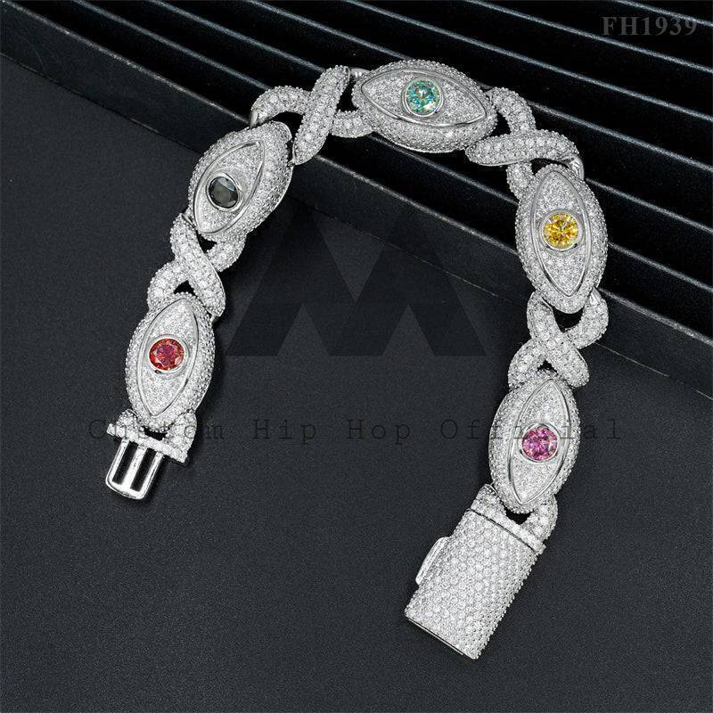 Iced Out 925 Sterling Silver 15MM Evil Eye Cuban Link Moissanite Bracelet Hip Hop Jewelry with Color Moissanite2