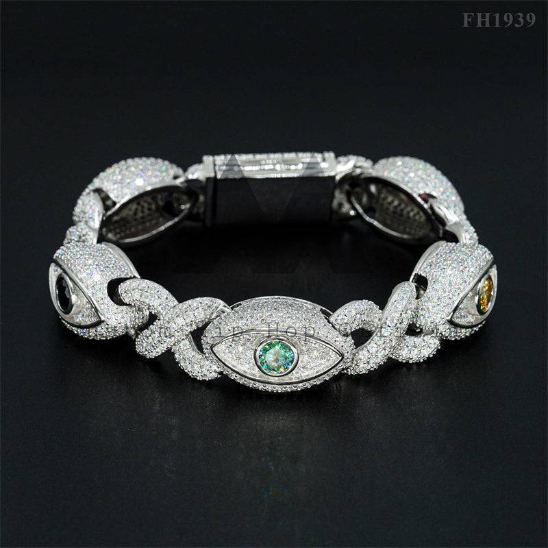 Iced Out 925 Sterling Silver 15MM Evil Eye Cuban Link Moissanite Bracelet Hip Hop Jewelry with Color Moissanite0