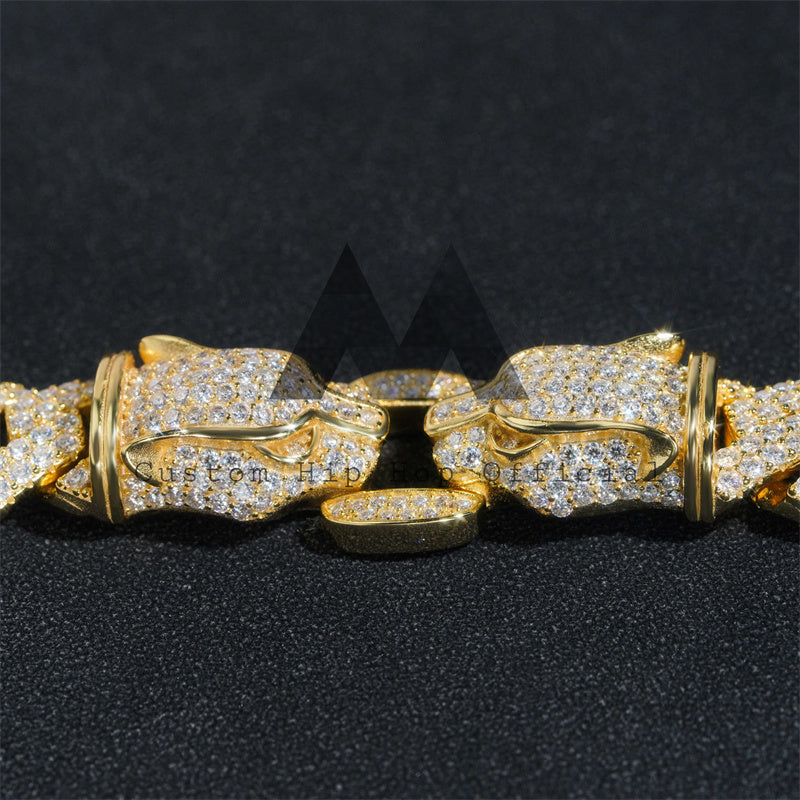 Yellow Gold Plated 925 Silver Cuban Link Bracelet with Leopard Clasp0