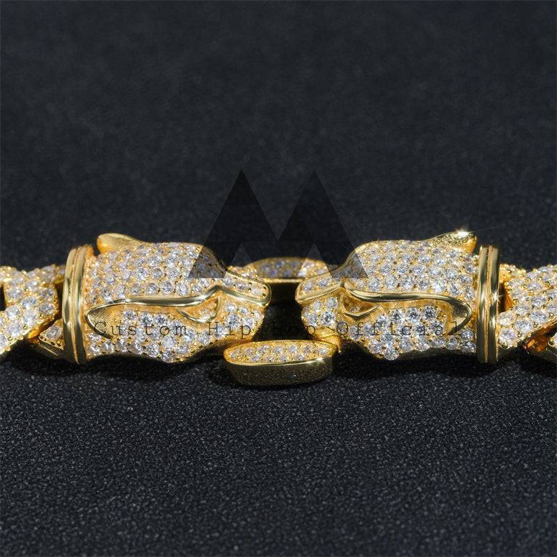 Yellow Gold Plated Cuban Link Bracelet 925 Silver with Leopard Clasp0