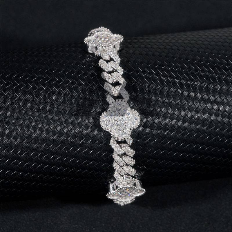 Hip hop iced out moissanite 10mm clover Cuban bracelet in 925 silver for men0