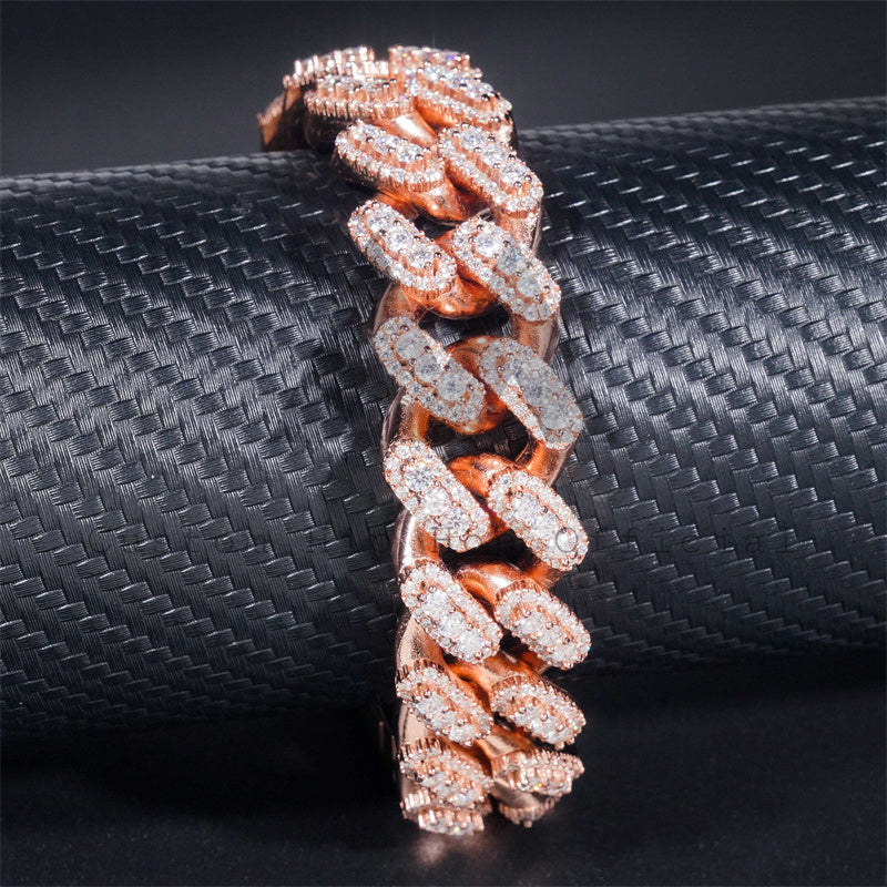 Three Stone Design 18MM Iced Out Moissanite Diamond Cuban Link Bracelet Rose Gold Plating Over 925 Silver