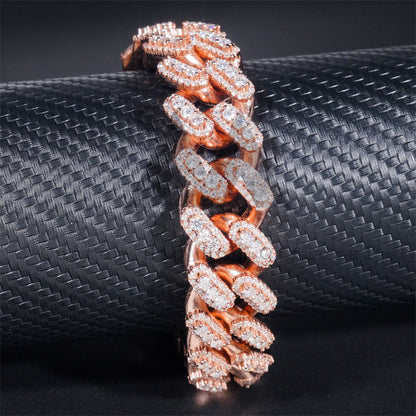 Three Stone Design 18MM Iced Out Moissanite Diamond Cuban Link Bracelet Rose Gold Plating Over 925 Silver