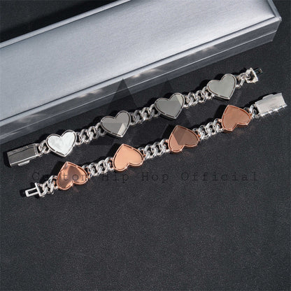 Sterling Silver 925 Men Fashion 10mm Cuban Link Iced Out Moissanite Bracelet With Heart Charm