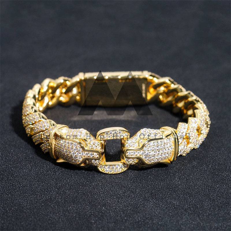 Yellow Gold Plated Cuban Link Bracelet 925 Silver with Leopard Clasp2