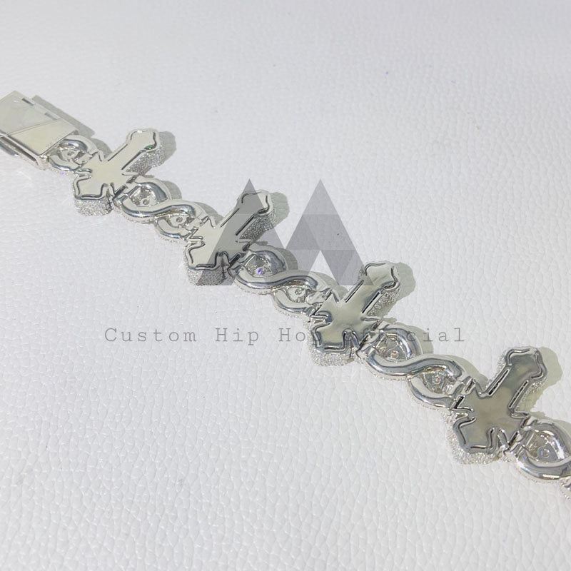 Pulseira cubana inifnity link de 13 mm com pingente de cruz baguete diamantes moissanite