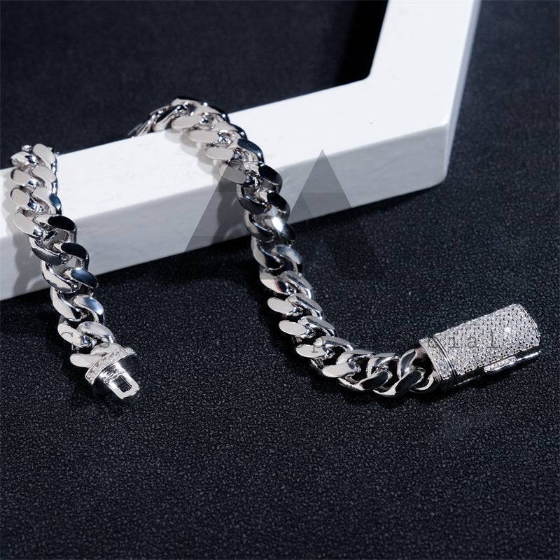 Solid Silver 925 Plain Cuban Link Bracelet 8MM With Moissanite Lock