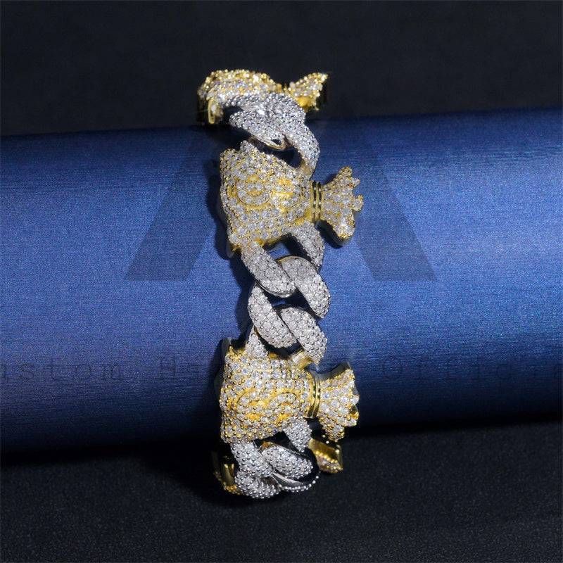 Yellow Gold Two Tone Silver 925 Moissanite Iced Out Hip Hop 15MM Cuban Bracelet Mix Money Bag Charms