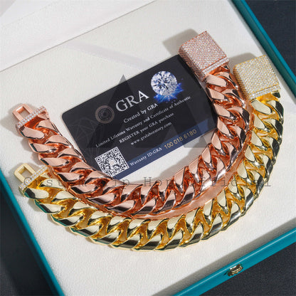 Rose Gold Yellow Gold Plated 20MM 999 Silver Cuban Bracelet With Moissanite Lock