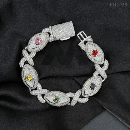 Iced Out 925 Sterling Silver 15MM Width Evil Eye Cuban Link Moissanite Bracelet With Color Moissanite