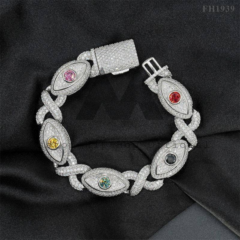 Iced Out 925 Sterling Silver 15MM Evil Eye Cuban Link Moissanite Bracelet Hip Hop Jewelry with Color Moissanite5