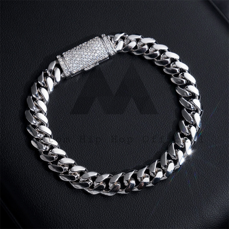 Solid Silver 925 Plain Cuban Link Bracelet 8MM With Moissanite Lock