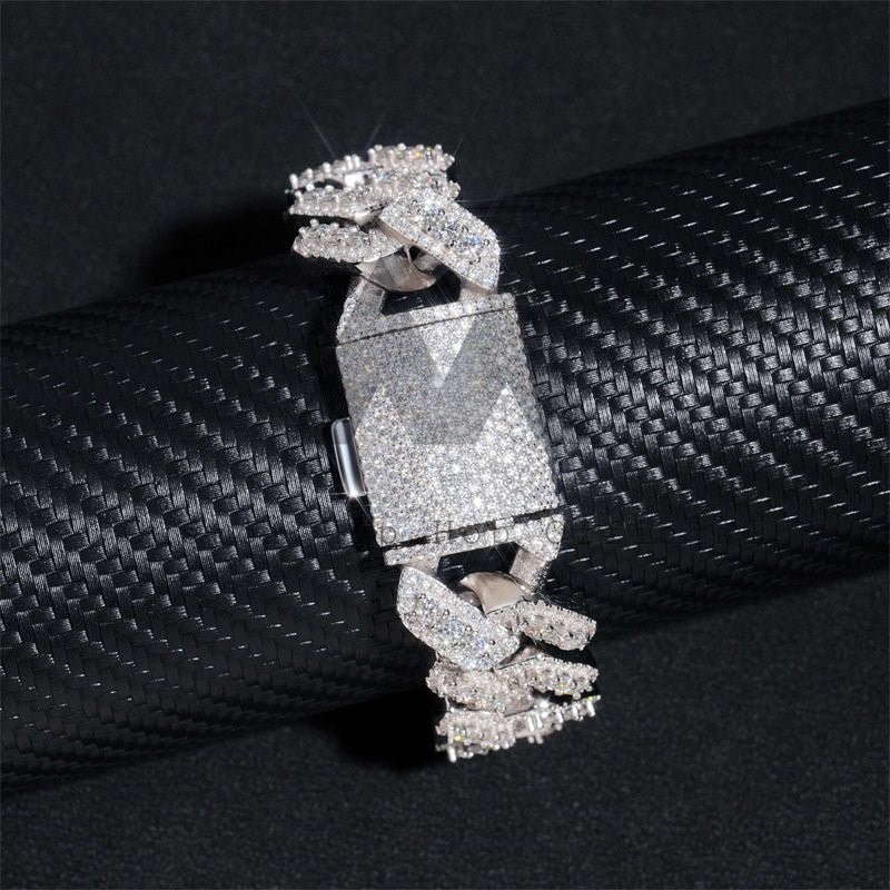 Three Stone Design Hip Hop 18MM Thick Solid Silver Moissanite Cuban Bracelet For Men