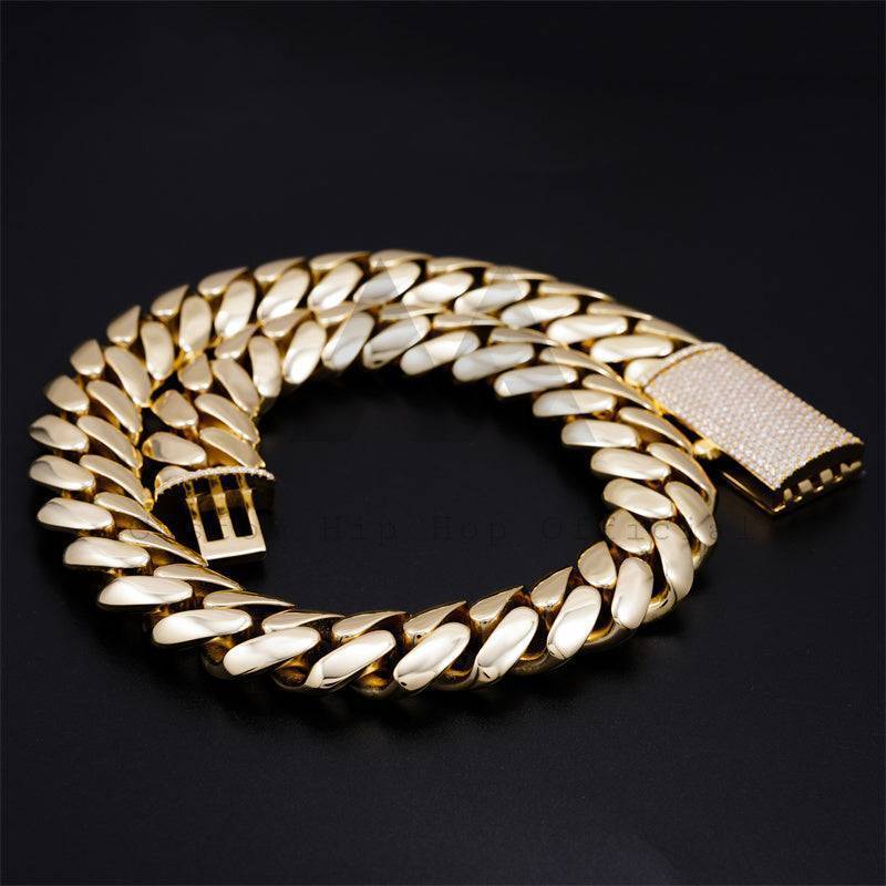 14K Gold Plated Over 925 Silver Hand Made Tight Link 20MM Moissanite Lock Plain Cuban Link Chain Miami Style