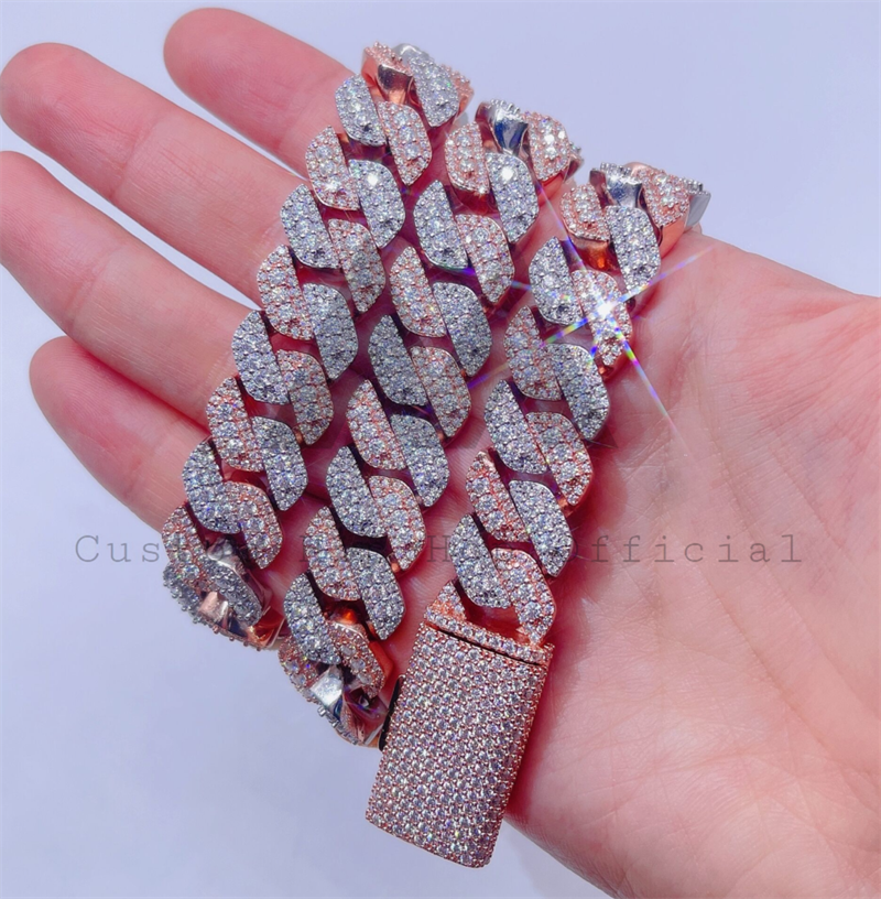 Corrente de elo cubano Miami com design de três pedras de 15 mm Moissanite diamante rosa ouro dois tons