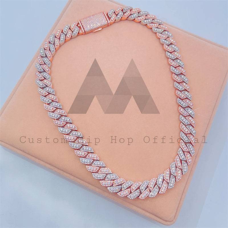 Corrente de elo cubano Miami com design de três pedras de 15 mm Moissanite diamante rosa ouro dois tons