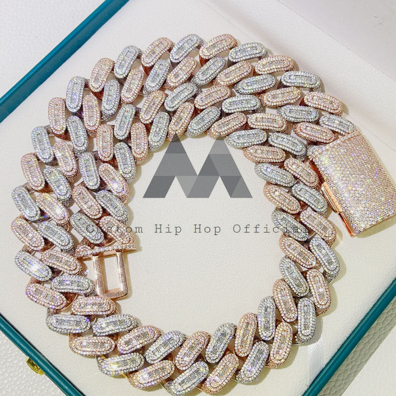 Conjunto de corrente cubana Rose Mix ouro branco VVS Moissanite diamante Baugette 25 mm