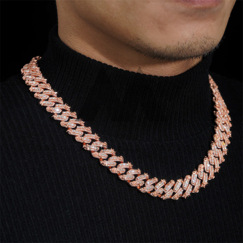 18MM Baguette Cuban Chain with rose flower and bird motifs, rose gold plated, iced out with moissanite0