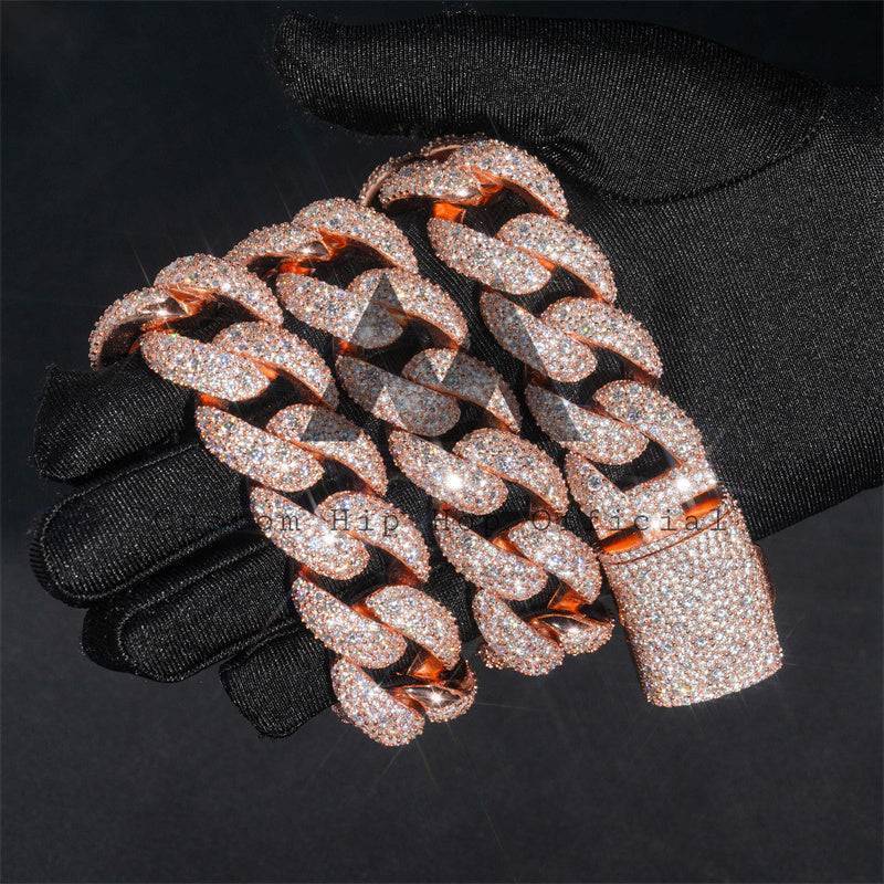 New Style 23MM Rose Gold Plated Over 925 Sterling Silver Mosaic Setting Moissanite Cuban Link Chain hip hop jewelry3