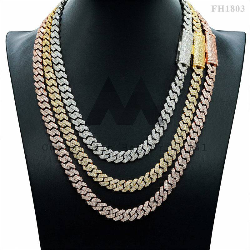 Prata esterlina Iced Out 2 Links 10MM Moissanite Cuban Link Chain Pass Diamond Tester