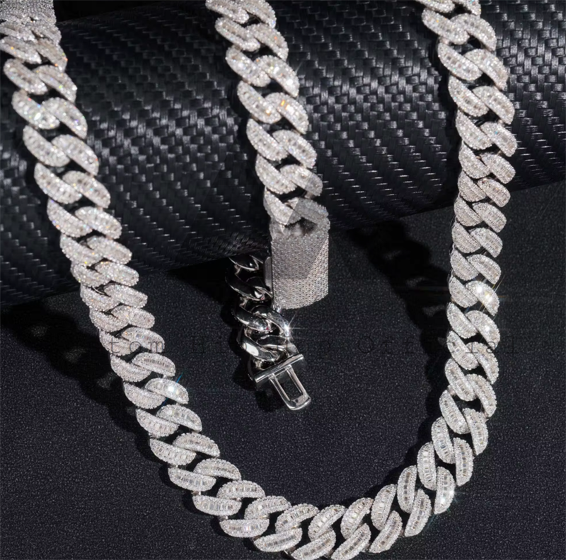 Pass Diamond Tester Hip Hop Iced Out 12MM Silver 925 Moissanite Diamond Baguette Cuban Chain Necklace