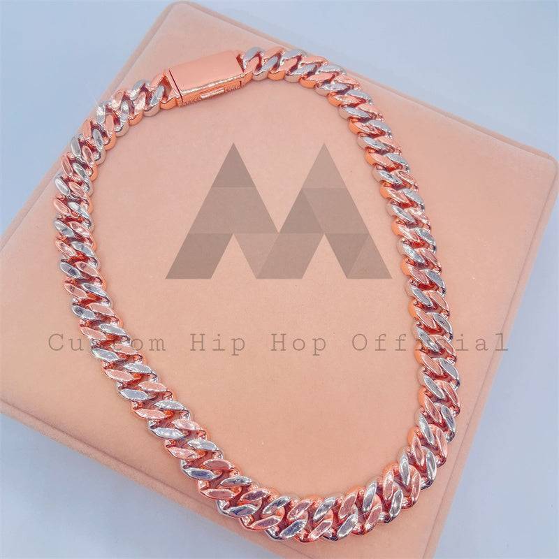 15MM Three Stone Design Miami Cuban Link Chain Moissanite Diamond Rose Gold Two Tone