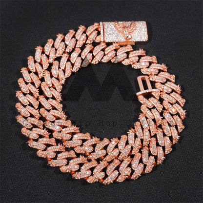 18MM Baguette Cuban Chain with rose flower and bird motifs, rose gold plated, iced out with moissanite3