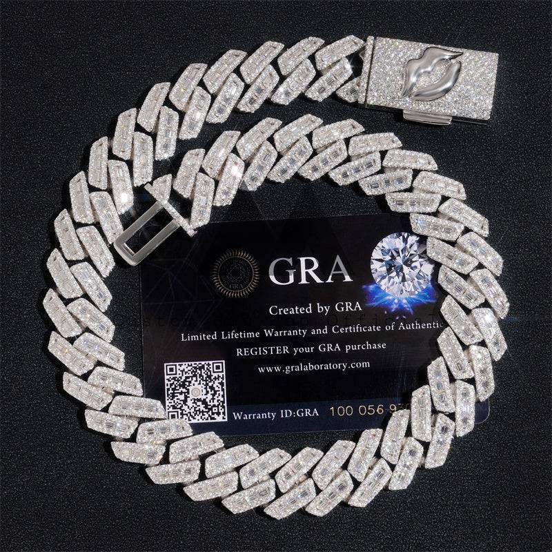 925 Sterling Silver Cuban Link Chain with Rhodium Plating and Emerald Cut Moissanite Custom Lock0