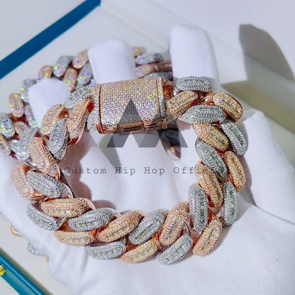 Rose Mix White Gold VVS Moissanite Diamond Baugette Cuban Chain 25MM Set