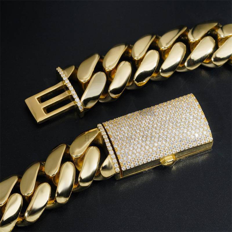 14K Gold Plated Over 925 Silver Hand Made Tight Link 20MM Moissanite Lock Plain Cuban Link Chain Miami Style