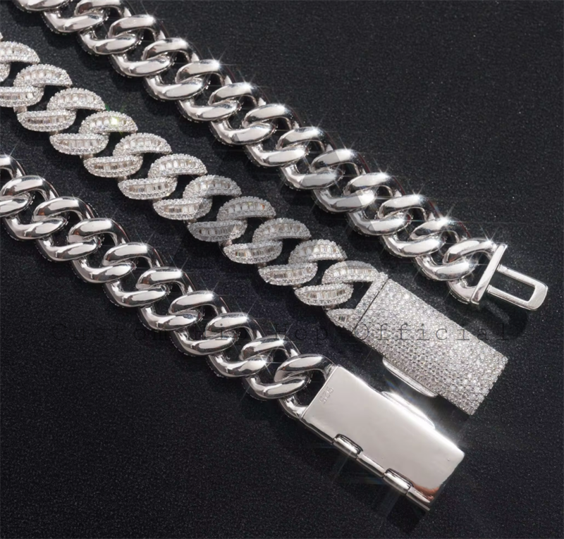 Pass Diamond Tester Hip Hop Iced Out 12MM Silver 925 Moissanite Diamond Baguette Cuban Chain Necklace